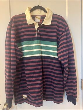 Men’s L Tracksmith Striped Rugby Polo - Purple, Navy & Green